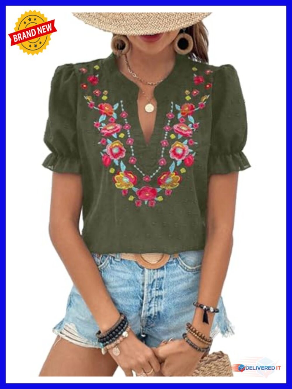 Boho Embroidered V Neck Puff Sleeve Blouse Loose Fit Summer Top
